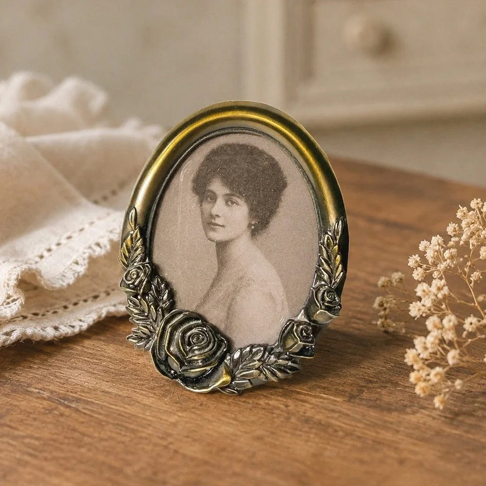 Vintage Rose Floral Oval Mini Tabletop Picture Frame Bronze Gold Tone 2x3